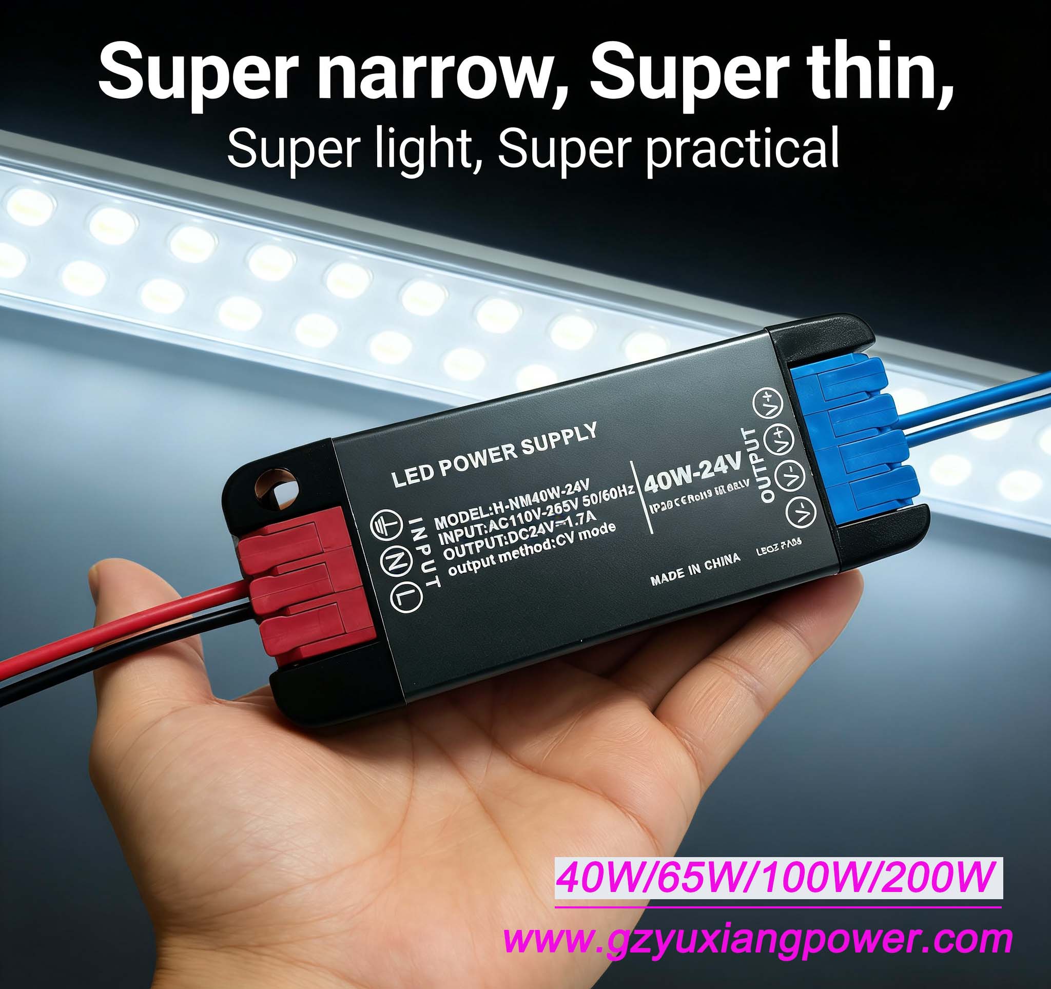Mini alimentatore per illuminazione a LED DC ultrasottile con ampio intervallo di tensione 12V/24V, dimensioni ridotte, alta potenza.